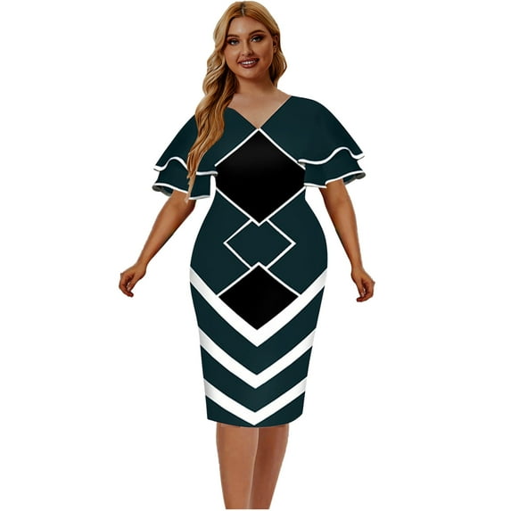 Fesfesfes Plus Size Dress for Women Wide Neck Bodycon Pencil Dress Ruffle Patchwork Mid Sleeve Knee Length Dress Skinny Plaid Printed Dress