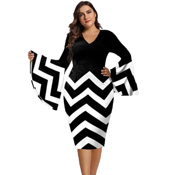 Fesfesfes Plus Size Dresses for Women Patchwork Bodycon Dress Hip Wrap Bell Long Sleeve Dress Casual Swing Party Dress