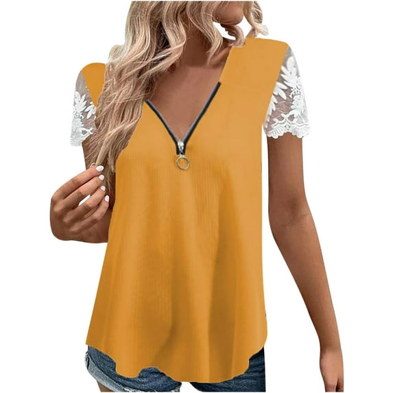 Fesfesfes Plus Size Fashion Women Summer Short Sleeve V-Neck Zipper Blouse Lace T-Shirt Tee Shirts Womens 12(XXL)