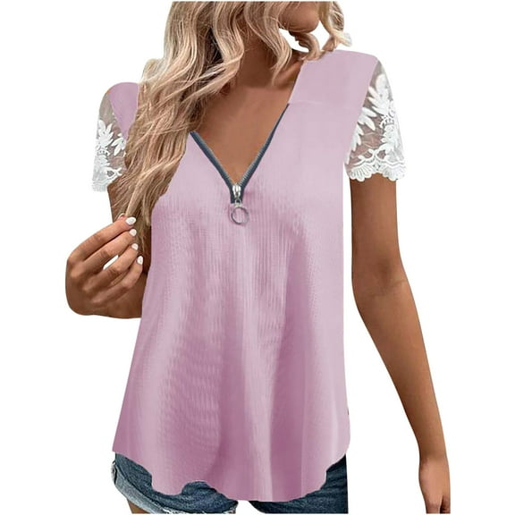 Fesfesfes Plus Size Fashion Women Summer Short Sleeve V-Neck Zipper Blouse Lace T-Shirt Tee Shirts Womens 4(S)