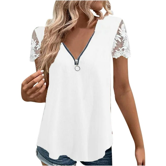Fesfesfes Plus Size Fashion Women Summer Short Sleeve V-Neck Zipper Blouse Lace T-Shirt Tee Shirts Womens 8(L)