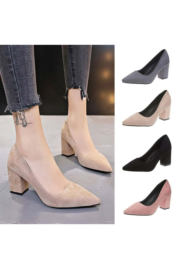 Plus Size Heels Womens Pointed Toe Chunky Heels High Heels Shoes Lightweight Flock Shoes Solid Color Casual Shoes 5.5(36)