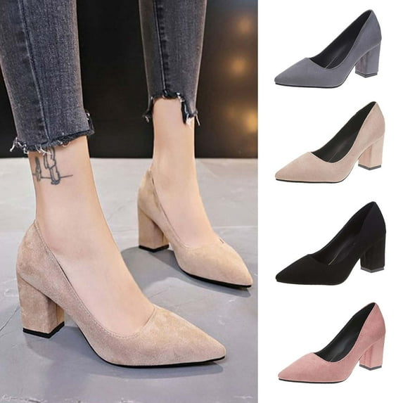 Fesfesfes Plus Size Heels Womens Pointed Toe Chunky Heels High Heels Shoes Lightweight Flock Shoes Solid Color Casual Shoes 7(39)