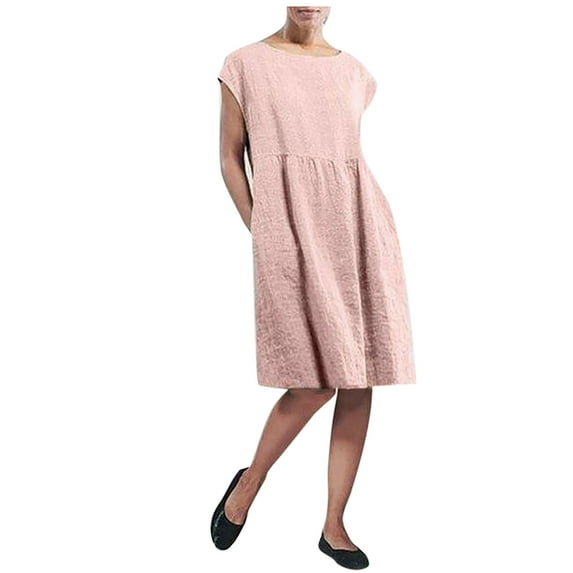 Fesfesfes Plus Size Linen Dress for Women Solid Color Pullover Dress Round Neck Micro Sleeve Dress Loose Casual Baggy Kaftan Dress