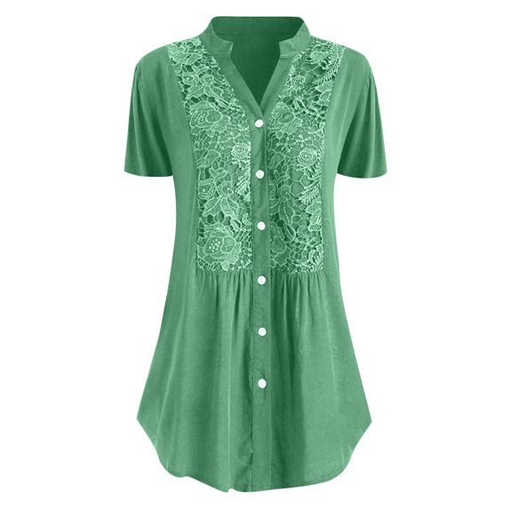 Fesfesfes Plus Size Shirts for Women Casual Lace Patchwork Solid Color Short Sleeves Blouse V-Neck Henley Neck Tees Shirts Buttons Down Tops