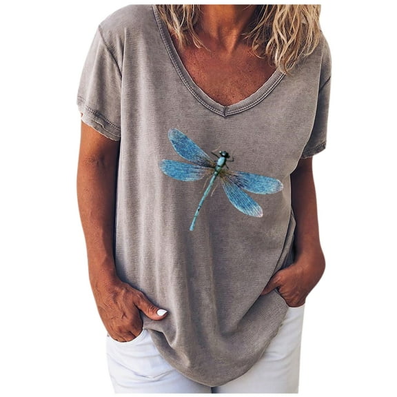 Fesfesfes Plus Size Summer Tops for Women Casual Round Neck Short Sleeve Tops Dragonfly Print Graphic Tees Top Basic Loose T-shirt Streetwear Blouse Tops