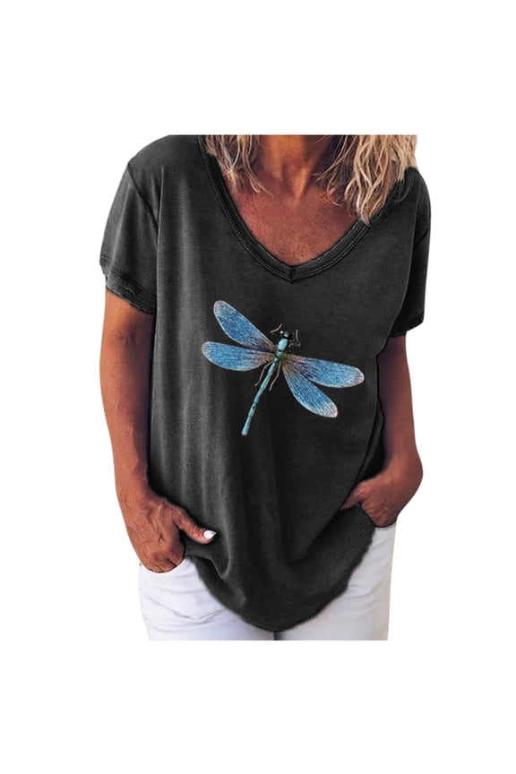 Plus Size Summer Tops for Women Casual Round Neck Short Sleeve Tops Dragonfly Print Graphic Tees Top Basic Loose T-shirt Streetwear Blouse Tops