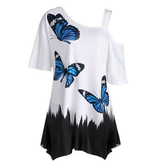 Fesfesfes Plus Size Summer Tops for Women One Shoulder Short Sleeve Tops Butterfly Graphic Print Casual Tees Tops Loose Oversized T-shirt Tunic Blouse Tops