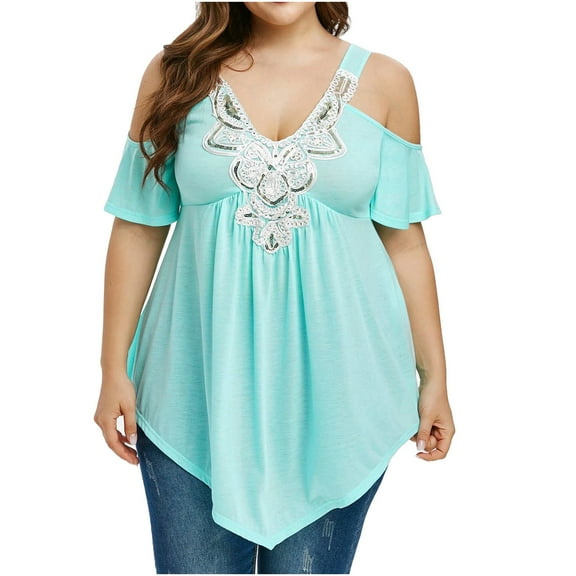 Fesfesfes Plus Size Summer Tops for Women Lace Splicing V Neck Camisole Tops Loose Ruffle Patchwork Pleated Tunic Cold Shoulder Elegant Tops