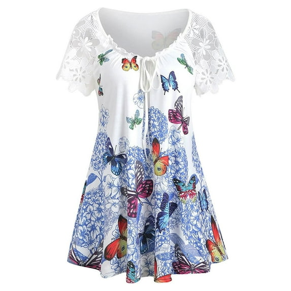 Fesfesfes Plus Size Tops for Women Scoop Neck Tie Up Lace Splicing Short Sleeve Tops Loose Butterfly Printed Loose Pleated Tunic Tops