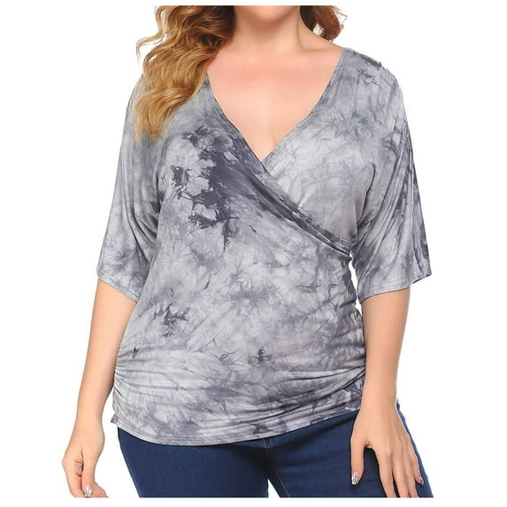 Fesfesfes Plus Size Tops for Women V-Neck Wrap Short Sleeve Tops Loose Casual Blouse Tie Dye Print Summer T-Shirt Tops