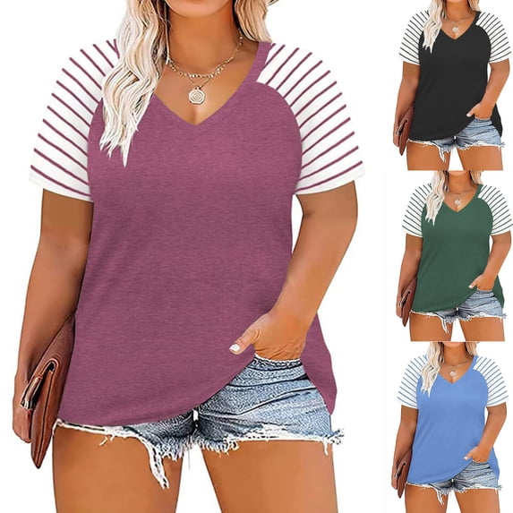 Fesfesfes Plus Size Tops for Womens Casual Tunic Striped Printed Raglan Short Sleeve T-Shirts V-Neck Tops Blouse 5XL(US:18)