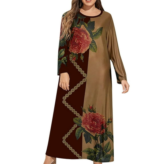 Fesfesfes Plus Size Women Dress Casual Loose Printed Long-sleeve Crew-Neck Dress