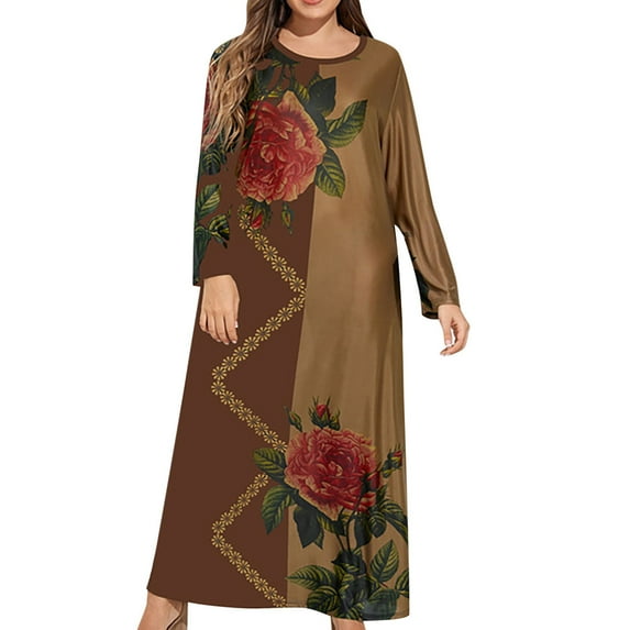 Fesfesfes Plus Size Women Dress Casual Loose Printed Long-sleeve Crew-Neck Dress