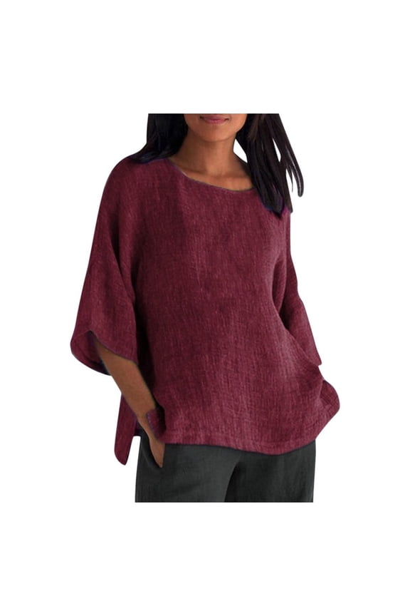 Plus Size Women Tops Loose Linen Tunic Blouse Casual Round Neck Solid Color 3/4 Sleeve Tops Comfy Oversize Tshirt Breathable Linen Tops Summer