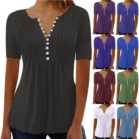 Fesfesfes Plus Size Women's Fashion Casual Round Neck Pleated Solid Color Button Top Blouse Shirt for Women S(US:4)