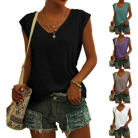 Fesfesfes Plus Size Womens Solid Color Cap Sleeve Blouses T-Shirt Casual Loose Fit Basic Tank Tops Tunic Tops 16(XXXXL)