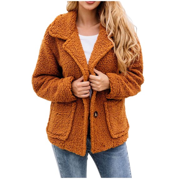 Fesfesfes Plush Coat for Women Fall Winter Lapel Solid Color Long Sleeve Button Plush Jacket Tops Clearance