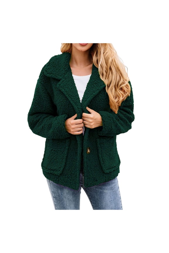 Plush Coat for Women Fall Winter Lapel Solid Color Long Sleeve Button Plush Jacket Tops Under $10