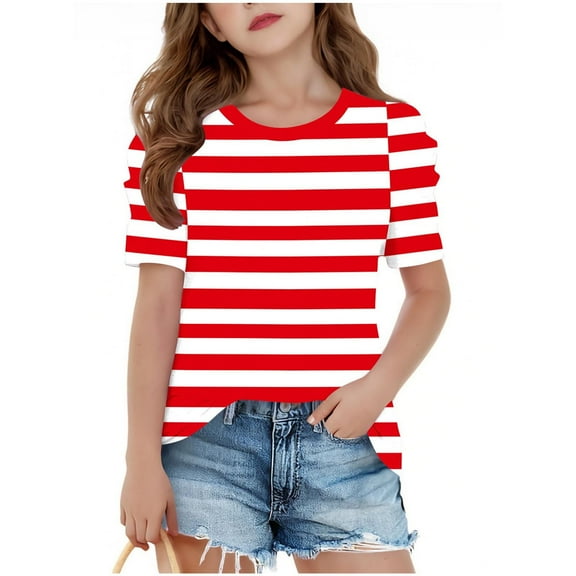 Fesfesfes Printed Fashion Blouse for Girls Round Neck Short Sleeve Casual Top Summer Spring Childrens Wear Daily School Birthday Party Outfit Soft Comfortable Play Blouse(Red#3,12-13 Years)