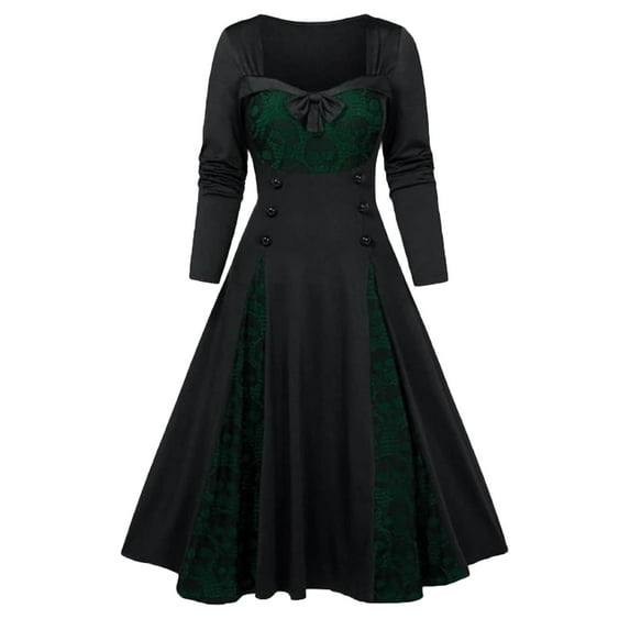 Fesfesfes Retro Gown Women Fashion Vintage Court Square Collar Patchwork Bow Long Sleeve Dress(Z01#Black,3XL)