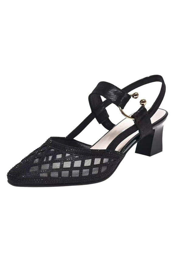 Rhinestone Sandals Soft Synthetic Pointed One Line Buckle Sandals Women High Heels Mesh Rhinestone Hollowed Out Shallow Back Pocket Cut Single Shoes 7(39)
