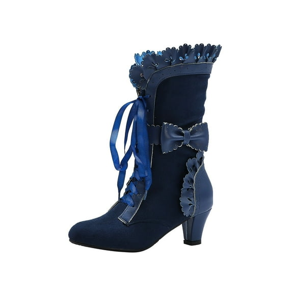 Fesfesfes Riding Boots For Women Boots Flanged Bow Burnt Knight Boot Ribbon Mid-calf Ankle Boots US:4.5(36)