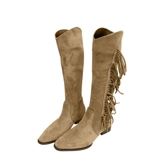 Fesfesfes Riding Boots For Women High Knight Boots Lace-up Winter Fringe Low Heel High Boots US:7.5(40)