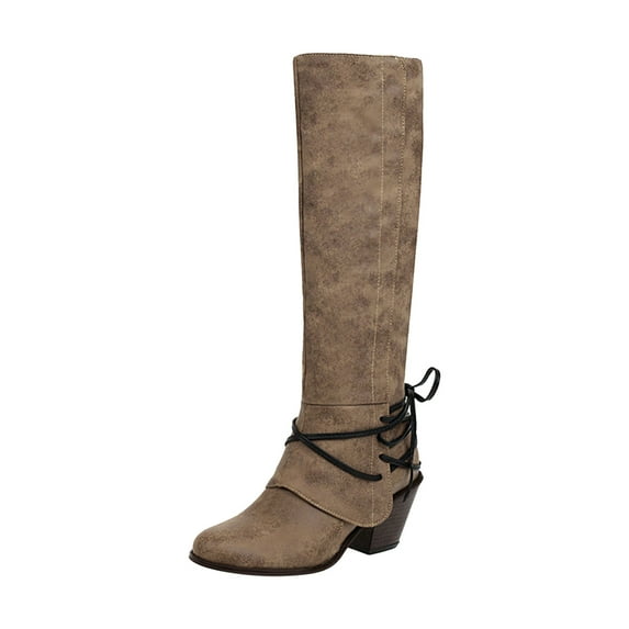 Fesfesfes Riding Boots For Women Long Pointed Lace-up Warm Solid High Heel Knight Synthetic US:6.5(38)