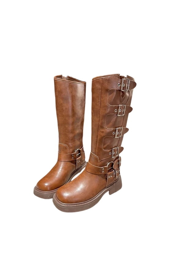 Riding Boots For Women Mid Heel Shoes Belt Buckle Knee High Retro Cowboy Punk US:5.5(36)