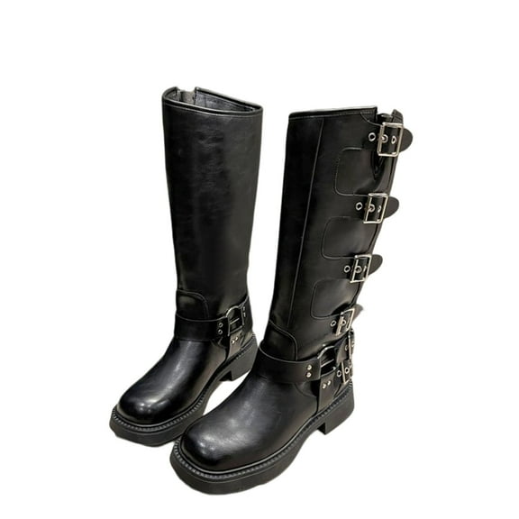 Fesfesfes Riding Boots For Women Mid Heel Shoes Belt Buckle Knee High Retro Cowboy Punk US:6.5(38)