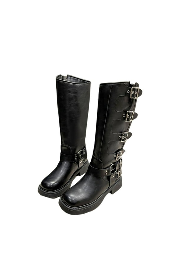 Riding Boots For Women Mid Heel Shoes Belt Buckle Knee High Retro Cowboy Punk US:7(39)