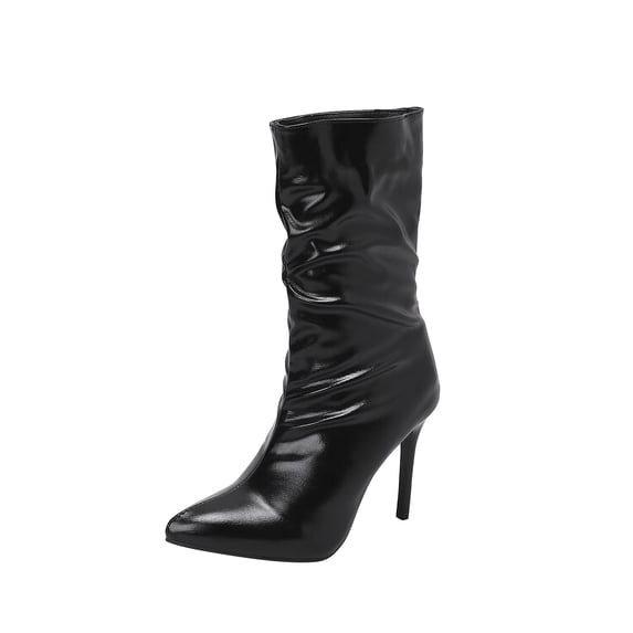 Fesfesfes Riding Boots For Women Oversized Fall/Winter Slender High Heels Pointed Pleated Metal Knight Short Boots US:10.5(45)