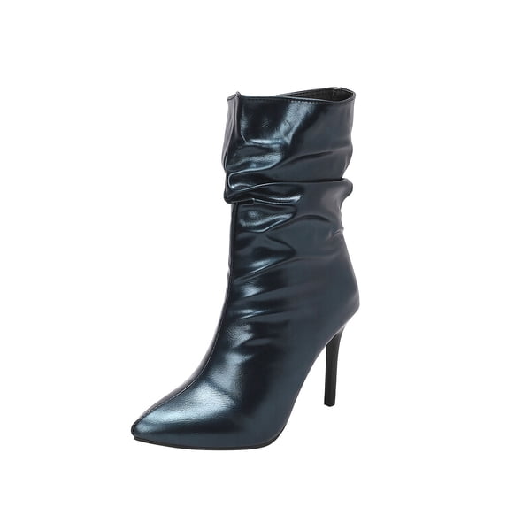 Fesfesfes Riding Boots For Women Oversized Fall/Winter Slender High Heels Pointed Pleated Metal Knight Short Boots US:5.5(36)