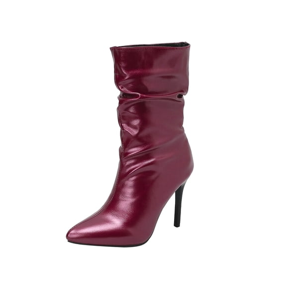 Fesfesfes Riding Boots For Women Oversized Fall/Winter Slender High Heels Pointed Pleated Metal Knight Short Boots US:7(39)