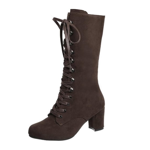Fesfesfes Riding Boots For Women Retro Shoes Casual Thick Low-heeled Boots Plus Size Mid Calf Boots Lace Up Tall Boots US:4.5(35)