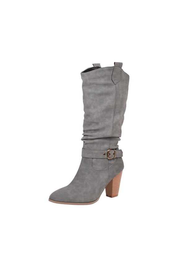 Riding Boots For Women Shoes Winter Warm High Heel Slip-on Mid-calf Belt Buckle Casual Cowboy Knight US:6.5(38)