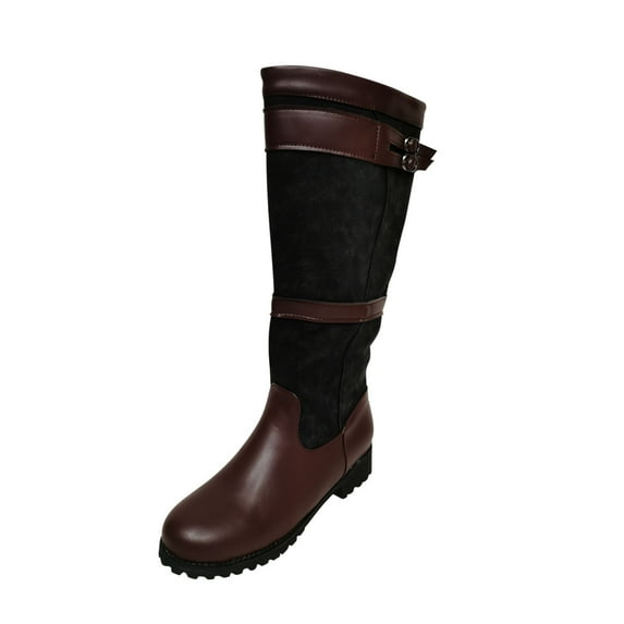 Fesfesfes Riding Boots For Women Winter Vintage Buckle Strap Cowboy Boots Slip On Retro Bppts Ladies Footwear Shoes US:6(37)