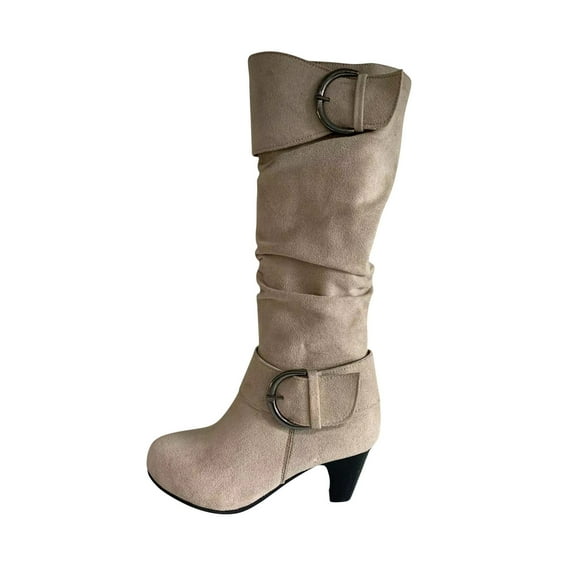 Fesfesfes Riding Boots For Women Winter Warm High Heel Boots Straight Synthetic Boots Belt Buckle Suede Thick Heel Knight US:5.5(36)