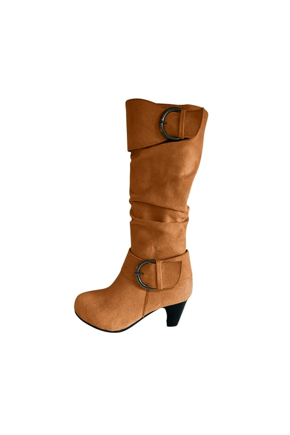 Riding Boots For Women Winter Warm High Heel Boots Straight Synthetic Boots Belt Buckle Suede Thick Heel Knight US:6(37)