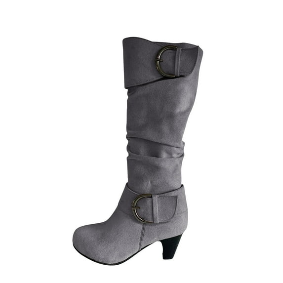 Fesfesfes Riding Boots For Women Winter Warm High Heel Straight Synthetic Belt Buckle Suede Thick Heel Knight Boots US:7(39)