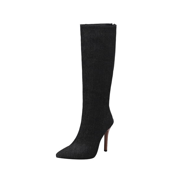Fesfesfes Riding Boots For Women Oversized Fall/Winter Pointed Wood Grain Fine Heels Super High Heel Back Zipper Knee Long Boots Knight Boots US:10.5(45)