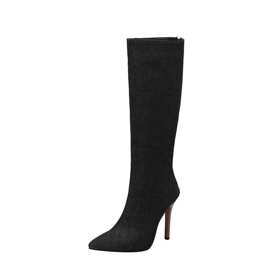 Fesfesfes Riding Boots For Women Oversized Fall/Winter Pointed Wood Grain Fine Heels Super High Heel Back Zipper Knee Long Boots Knight Boots US:5.5(36)