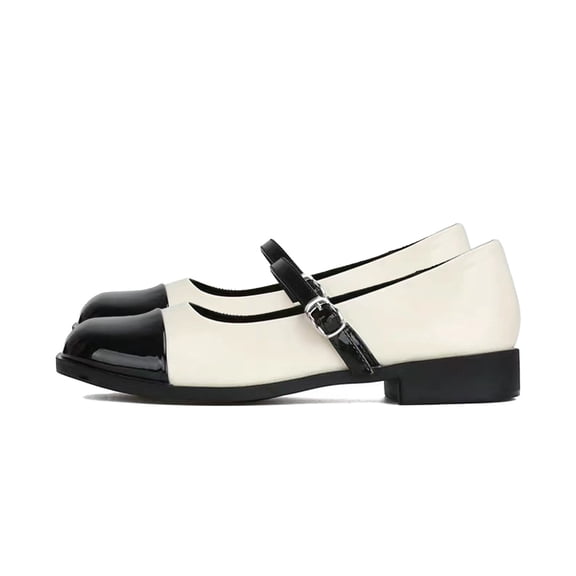 Fesfesfes Round Head British Faux-Leather Shoes for Women Thick Soles Elegant Color-Block Young Ladies Shoes Water Proof 4.5(35)