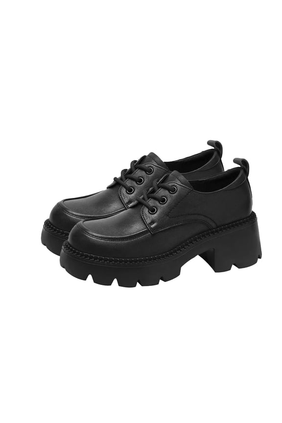 Round Head Thick Soles Thick Heel Tie Leisure Small Faux-Leather Shoes Middle Heel Fashion Soles Thick Soles Heightening Shoes 5.5(36)