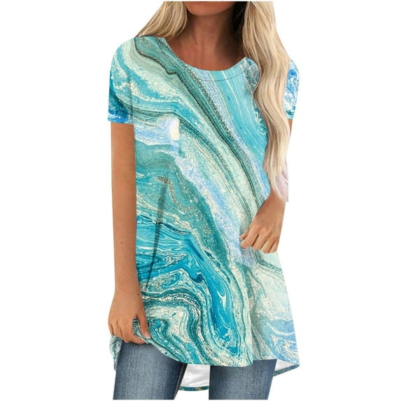 Fesfesfes Running Clothes for Women's Summer Round Neck Loose Tops Casual Print Short Sleeve Blouse T-Shirts for Women 10(XL)