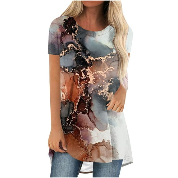 Fesfesfes Running Clothes for Women's Summer Round Neck Loose Tops Casual Print Short Sleeve Blouse T-Shirts for Women 10(XL)