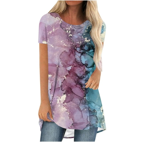 Fesfesfes Running Clothes for Women's Summer Round Neck Loose Tops Casual Print Short Sleeve Blouse T-Shirts for Women 12(XXL)