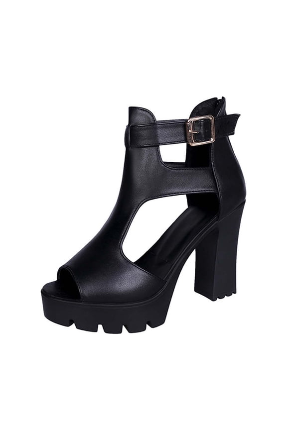 Sandalias Peep-toe Pump Womens Open-toe Chunky High Heels Shoes Metal Buckle 10CM Solid Color High Heels Sandals 7(39)