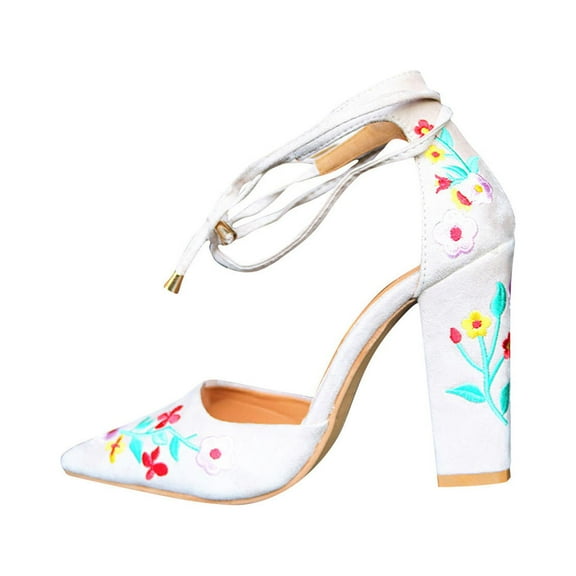 Fesfesfes Sandals Strappy Sandals Women's Ethnic Suede Embroidered Strap High Heel Chunky Sandals 7.5(40)